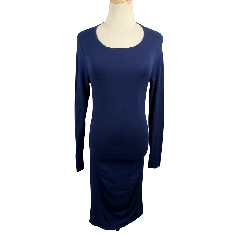 Express XS Navy Blue Long Sleeve Knit Sheath Dress Bodycon Scoop Neck Midi Retro